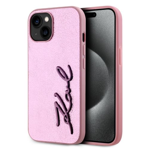 Karl Lagerfeld Wrinkled PU Signature Logo Zadní Kryt pre iPhone 15 Pink