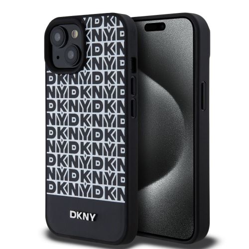 DKNY PU Leather Repeat Pattern Bottom Stripe MagSafe Zadní Kryt pre iPhone 15 Black