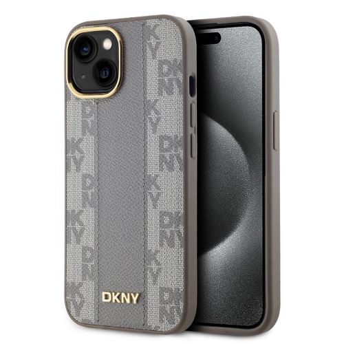 DKNY PU Leather Checkered Pattern Magsafe Zadní Kryt pre iPhone 15 Beige