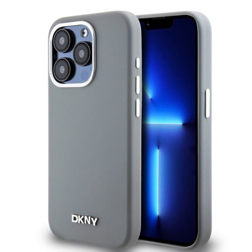DKNY Liquid Silicone Silver Metal Logo Magsafe Zadní Kryt pre iPhone 15 Pro Grey