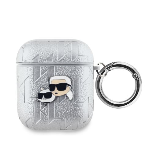 Karl Lagerfeld PU Embossed Karl and Choupette Heads puzdro pre AirPods 1/2 Silver