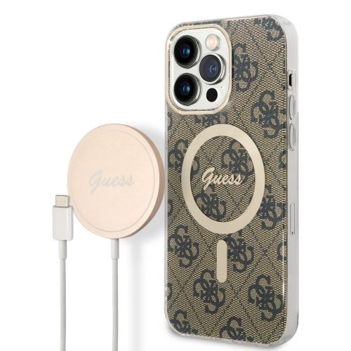 Guess 4G MagSafe Kompatibilní Zadní Kryt + Bezdrátová Nabíječka pre iPhone 14 Pro Max Brown
