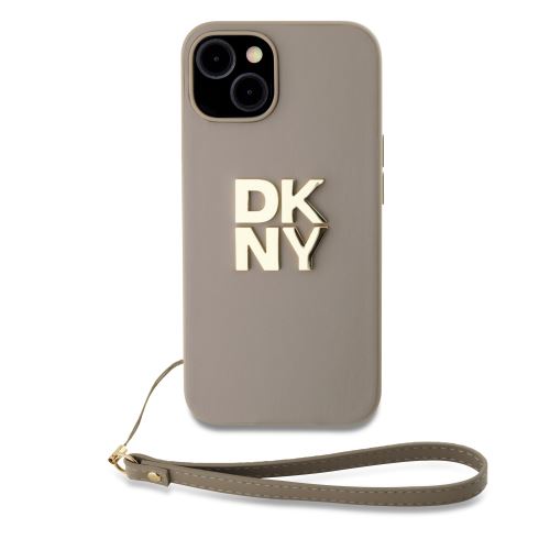 DKNY PU Leather Stack Logo Wrist Strap Zadní Kryt pre iPhone 13 Beige