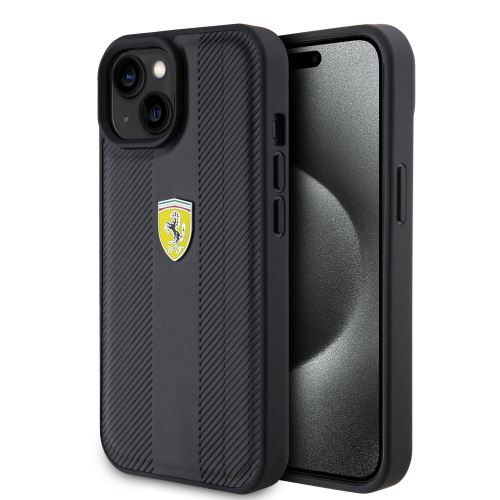 Ferrari PU Leather Hot Stamp Groove Pattern Zadní Kryt pre iPhone 15 Black