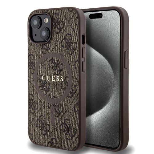 Guess PU Leather 4G Colored Ring MagSafe Zadní Kryt pre iPhone 15 Brown