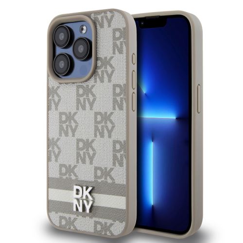DKNY PU Leather Checkered Pattern and Stripe Zadní Kryt pre iPhone 15 Pro Beige